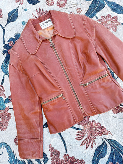 1970s Brown O-Ring Beagle Collar Cropped Leather Jacket