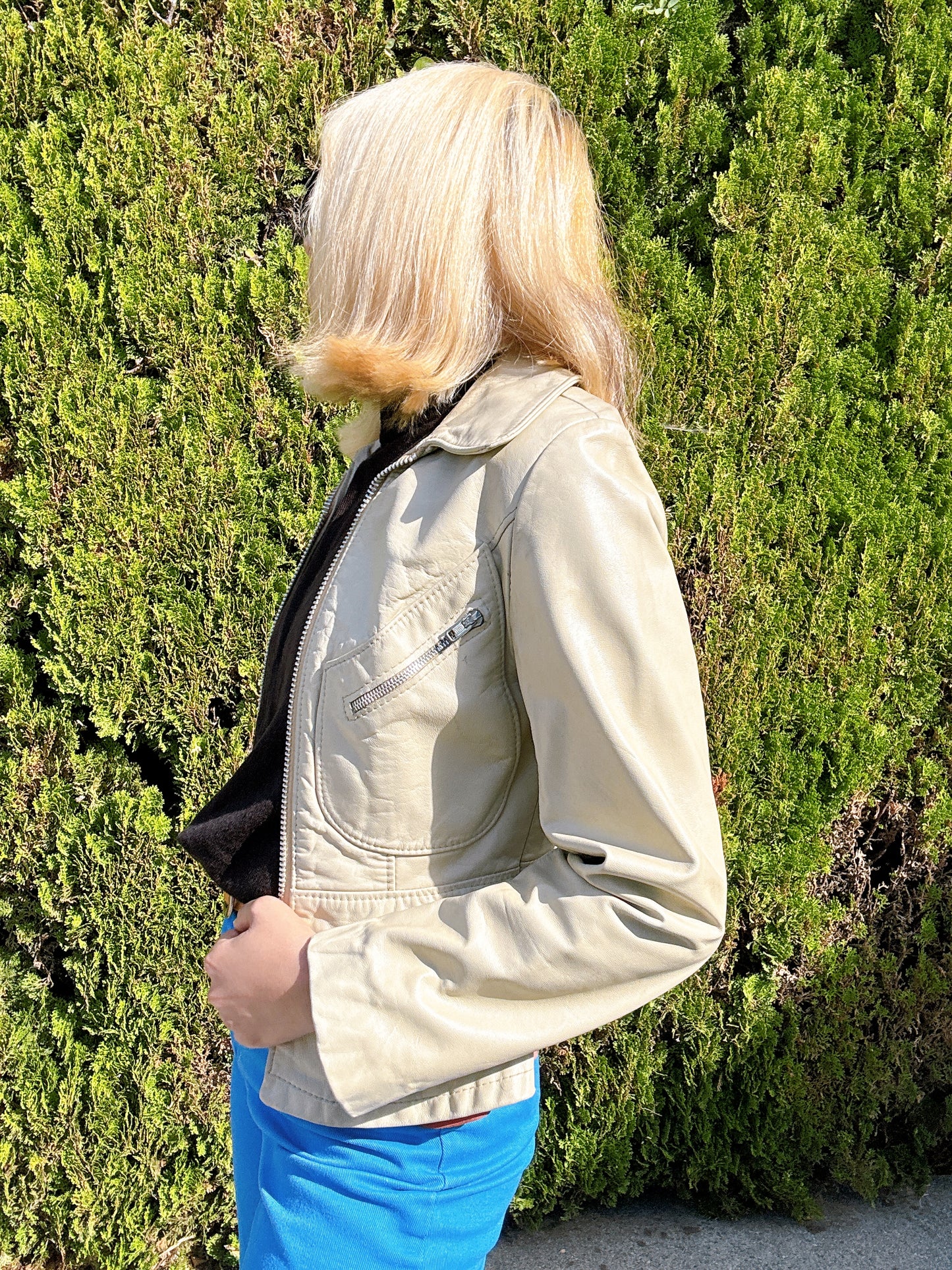 1970s Cream Petite Leather Jacket Acme Zipper