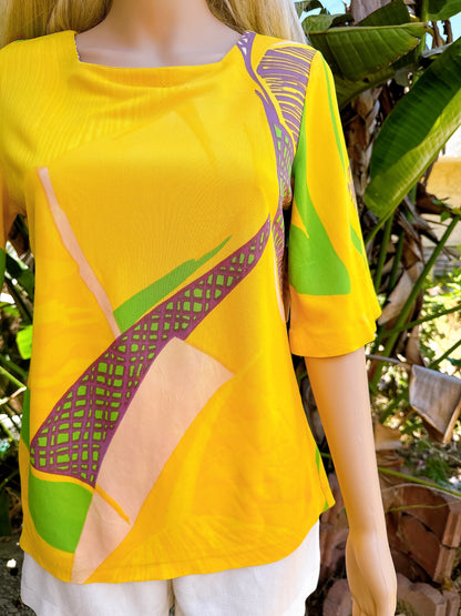 1960s Lemon Yellow Abstract Bell Sleeve Top