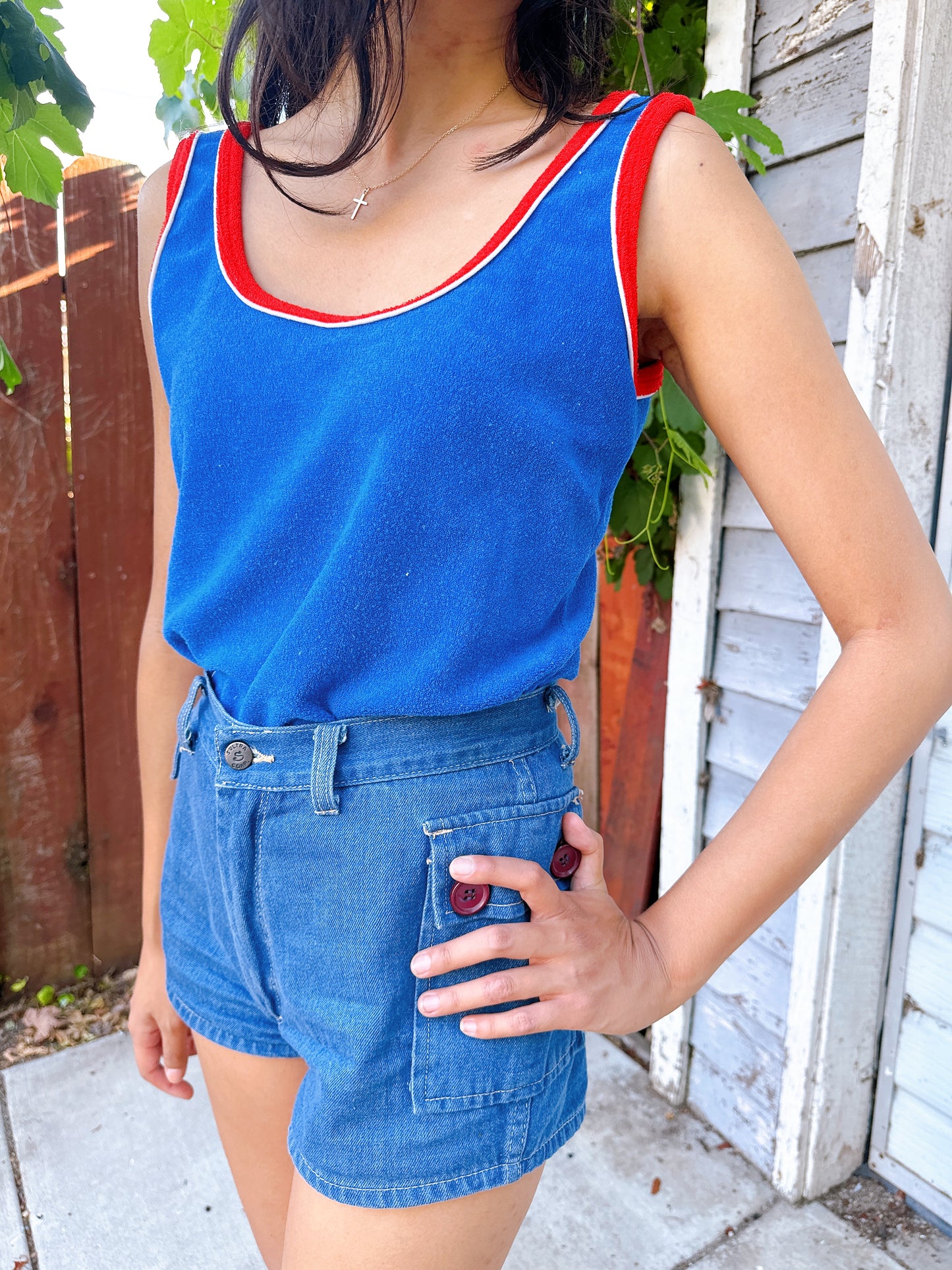 1970s Blue & Red Ringer Terry Cloth Tank Top