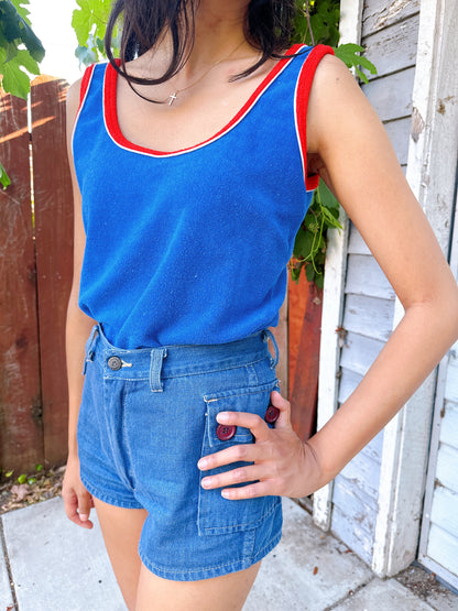 1970s Blue & Red Ringer Terry Cloth Tank Top