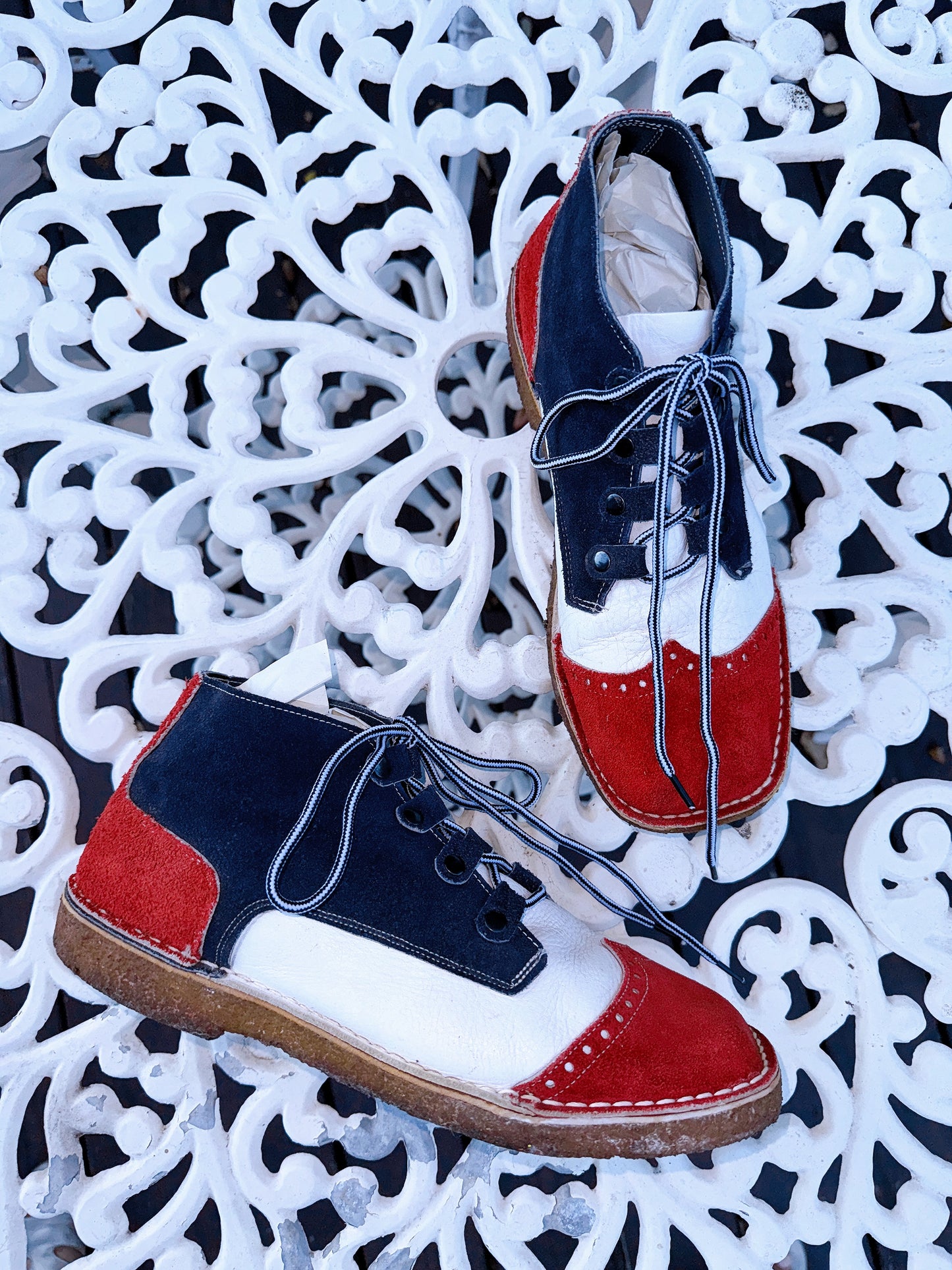 1960s Red, White, & Blue Leather and Suede Lace Up Boots Men’s Size 9