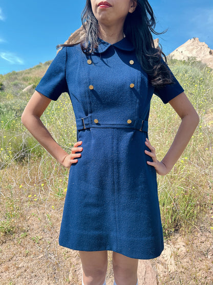 1960s Navy Blue and Gold Buttons Wool Mini Dress