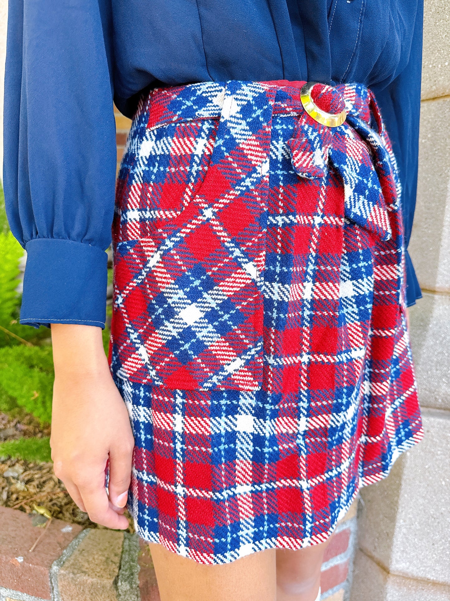 1970s Red & Blue Plaid Mini Skirt with Gold Buckle