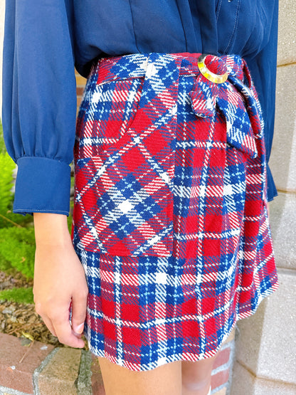 1970s Red & Blue Plaid Mini Skirt with Gold Buckle