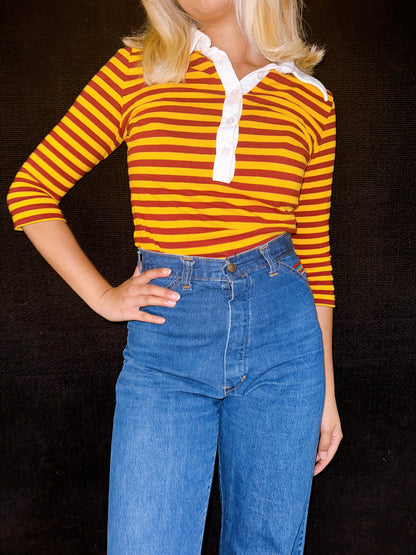 1970s Red & Yellow Striped Polo Dagger Collar Top