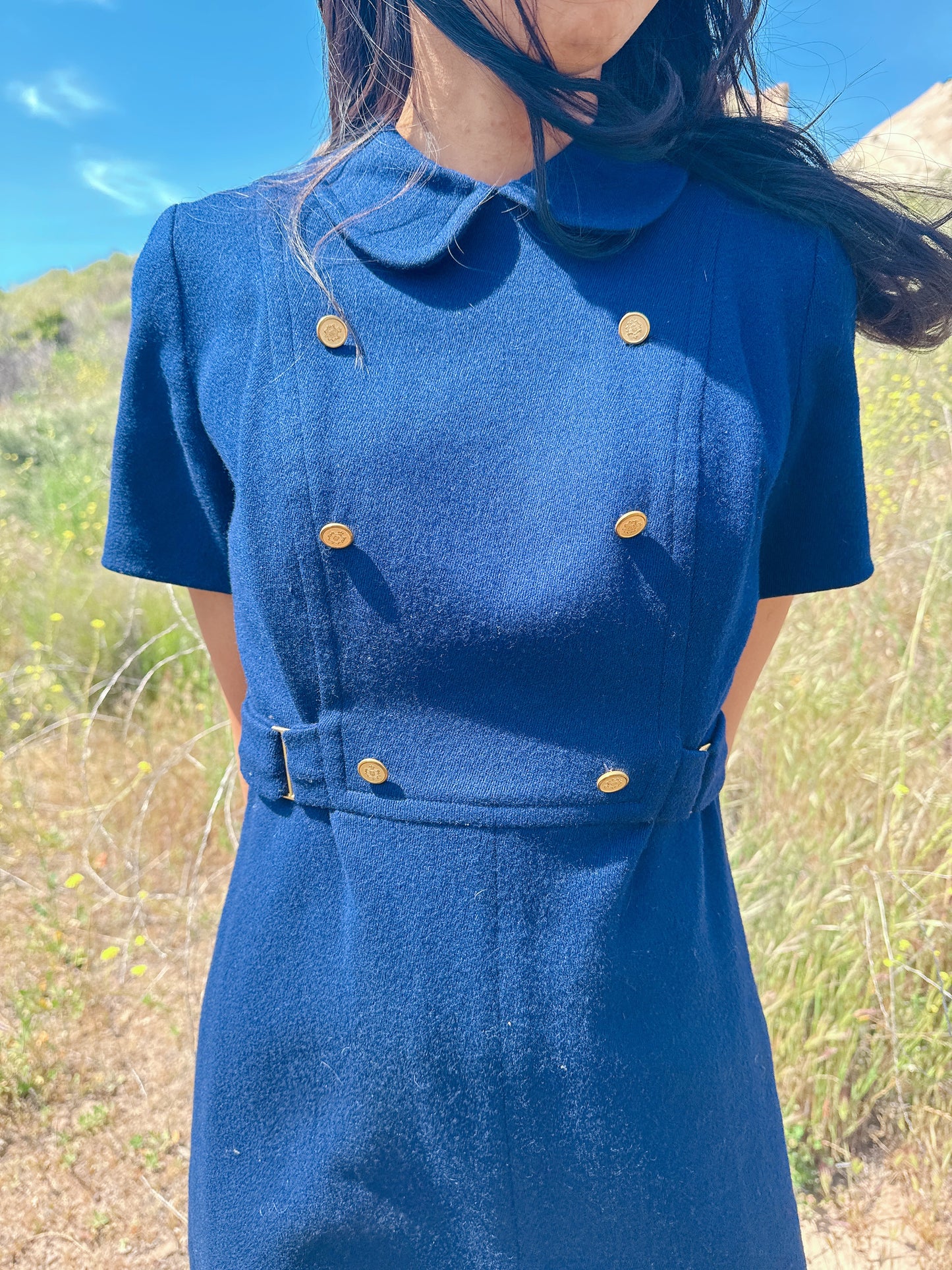 1960s Navy Blue and Gold Buttons Wool Mini Dress