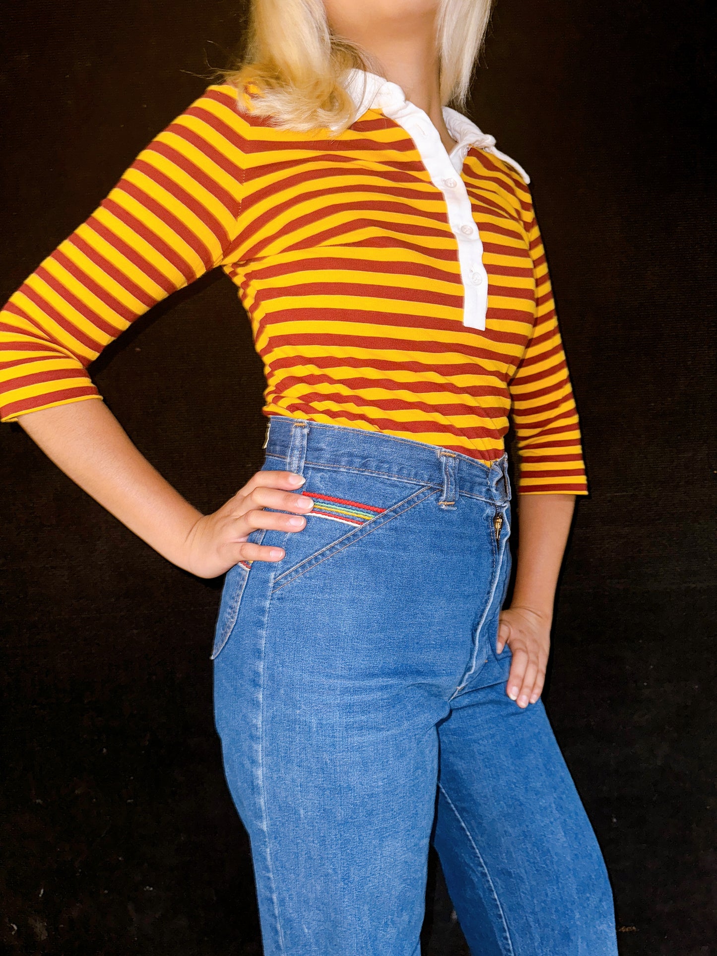 1970s Red & Yellow Striped Polo Dagger Collar Top