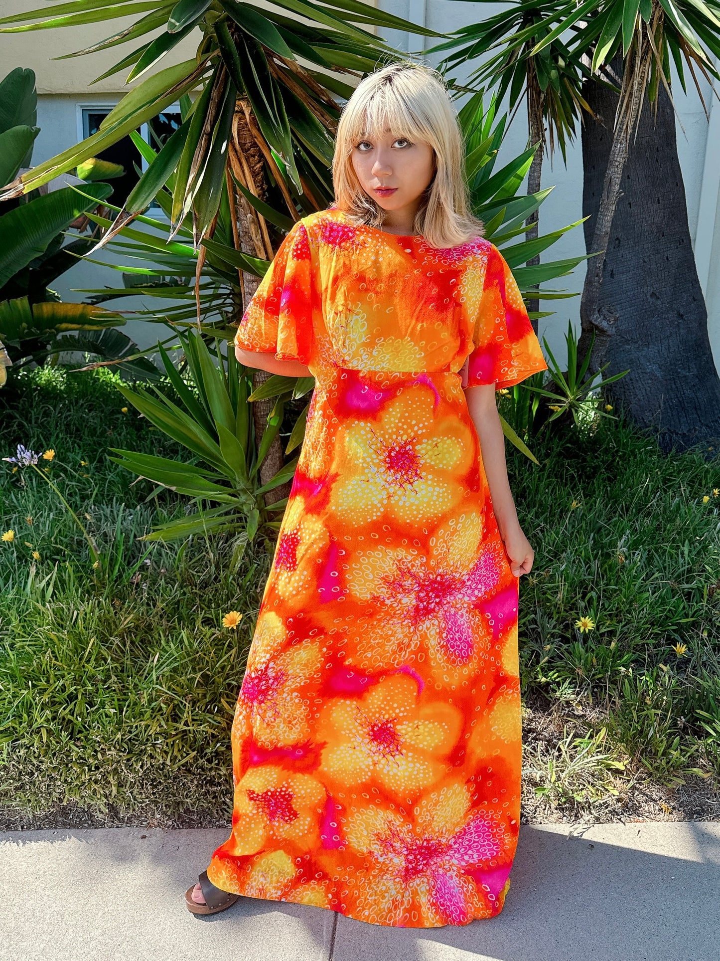 1970s Neon Orange Flutter Sleeve Maxi Hawaiian Dress