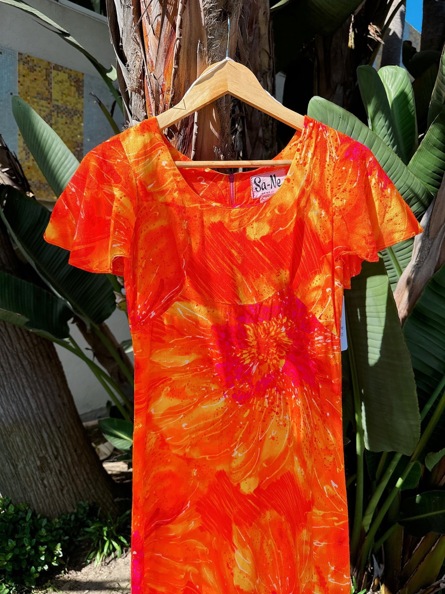 1970s Tangerine Psychedelic Flutter Sleeve Hawaiian Maxi Dress