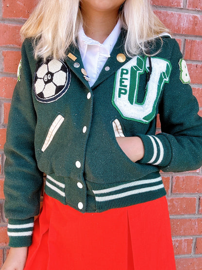 1980s Cheerleader Upland High School Green and White Varsity Jacket