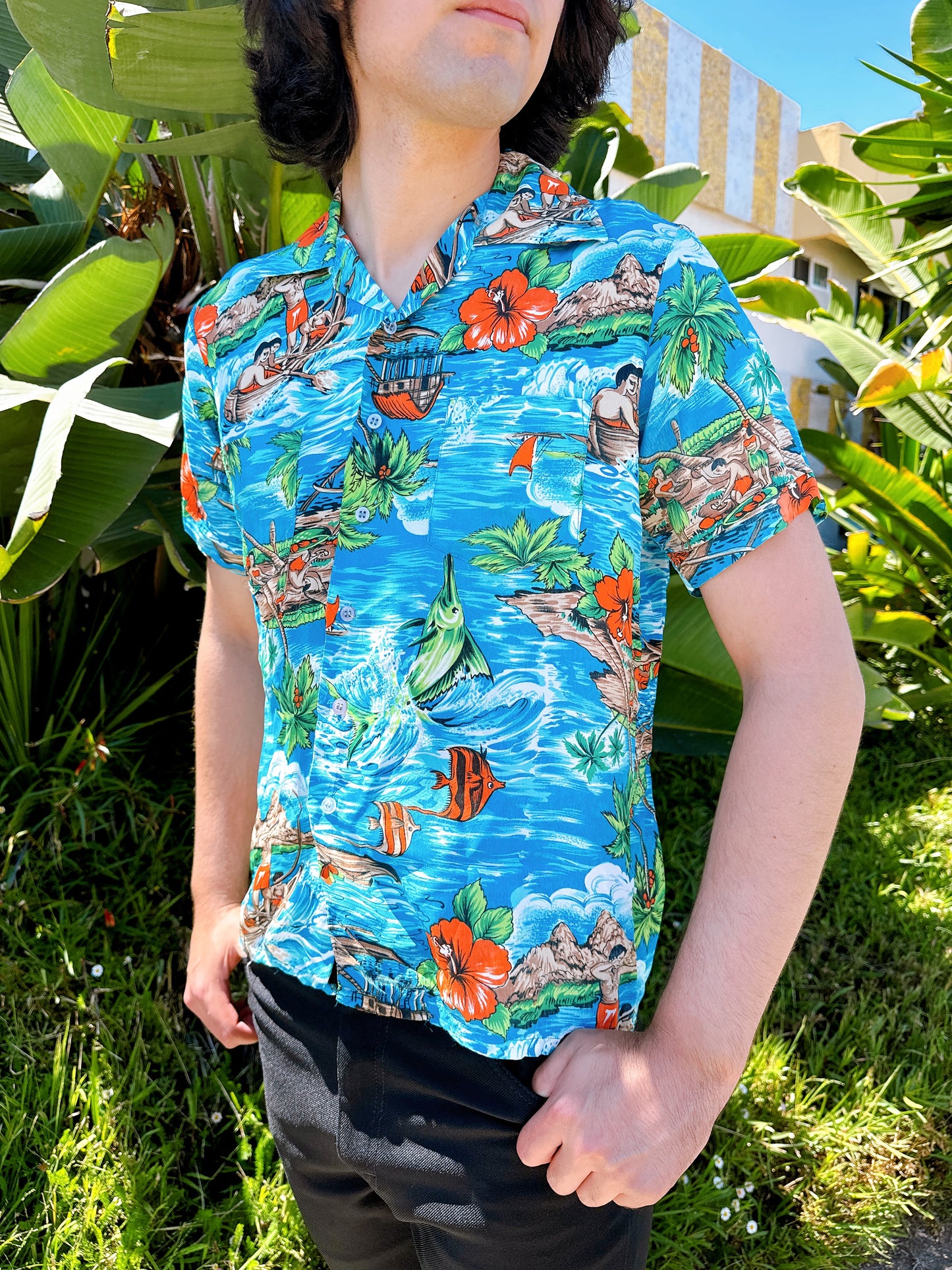 1960s Hawaiian Island Sleeve Water Rayon Hawaiian Shirt