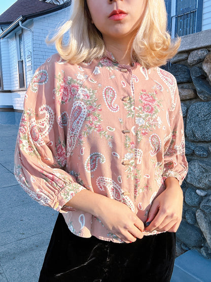 1970s Peach Paisley Dolman Sleeve Mandarin Collar Top