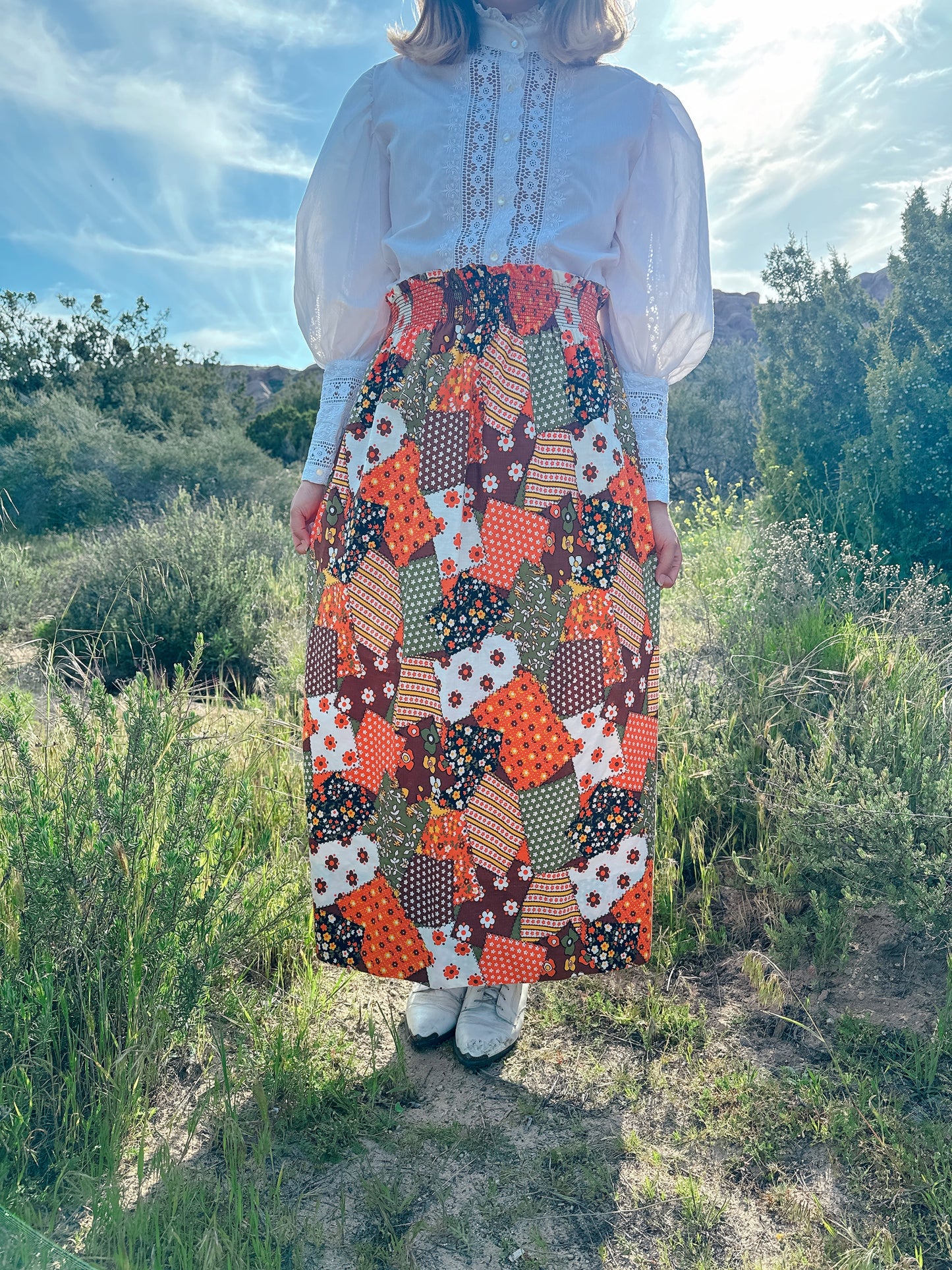 1970s Orange Faux Patchwork Maxi Skirt