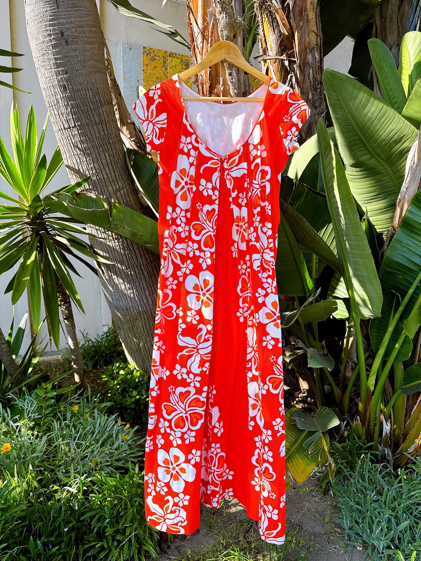 1960s Orange Hibiscus Hawaiian Maxi Dress