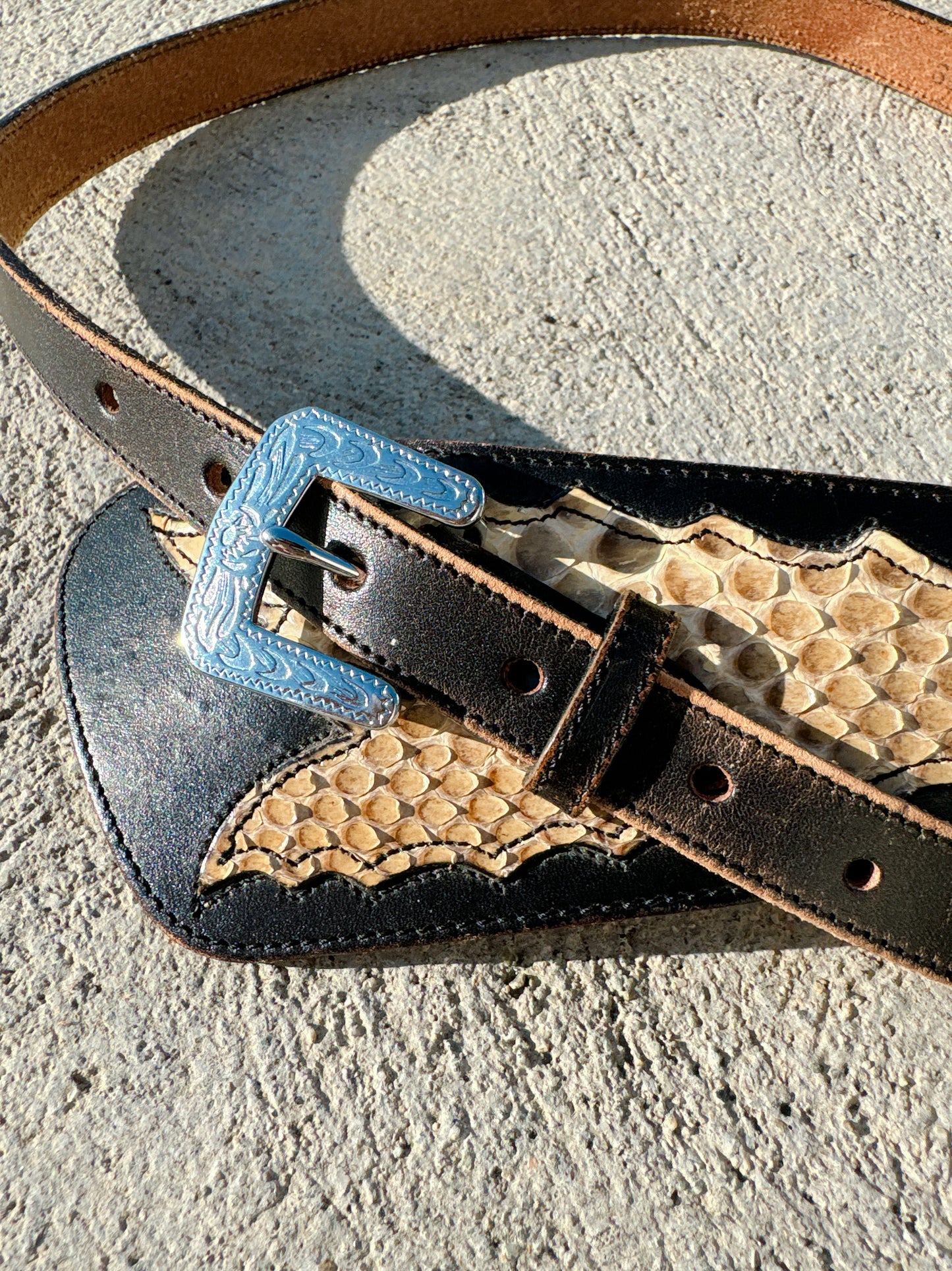 1980s Genuine Snakeskin and Cowhide Leather Belt by Silver Creek Collection