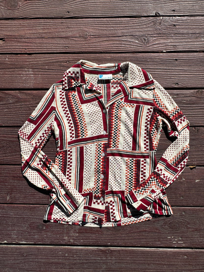 1970s Abstract Geometric Squares Button Up Top