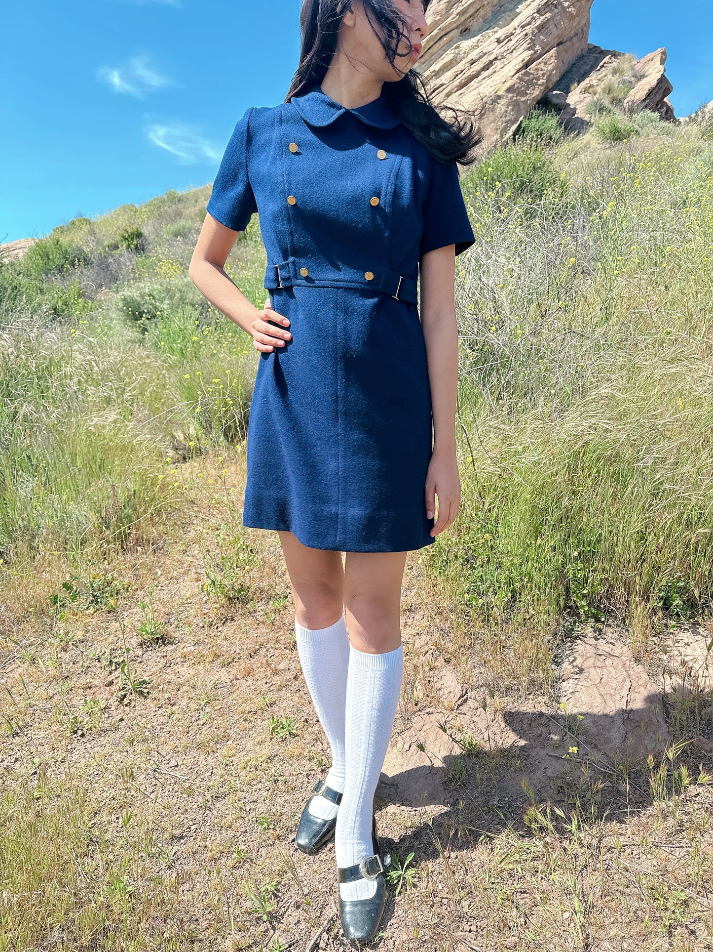 1960s Navy Blue and Gold Buttons Wool Mini Dress