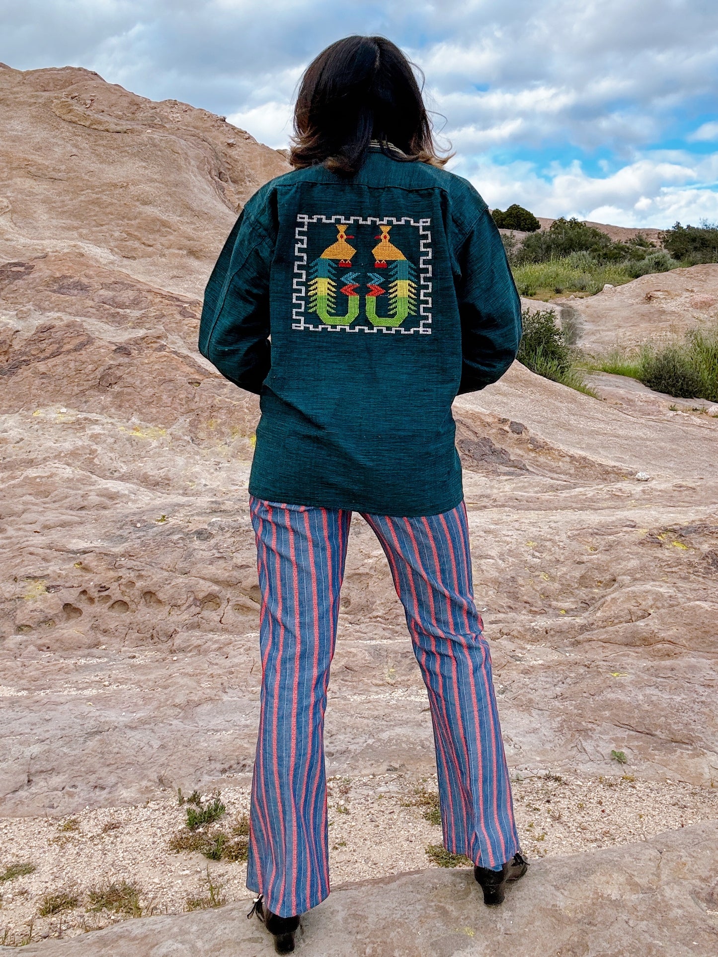 1970s Guatemalan Quetzal Bird Embroidered Cotton Folk Shirt