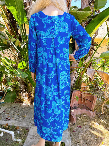 1960s Blue Hawaiian Long Sleeve Maxi Dress