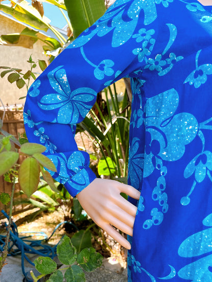 1960s Blue Hawaiian Long Sleeve Maxi Dress