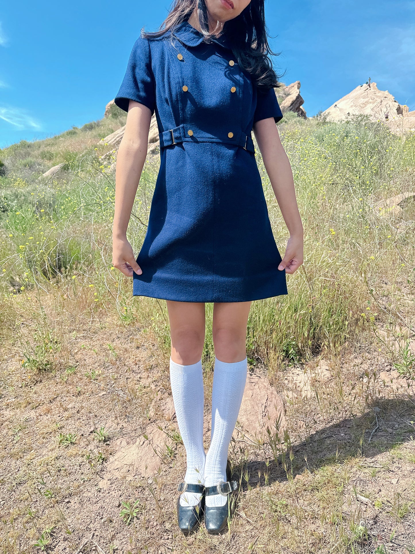 1960s Navy Blue and Gold Buttons Wool Mini Dress