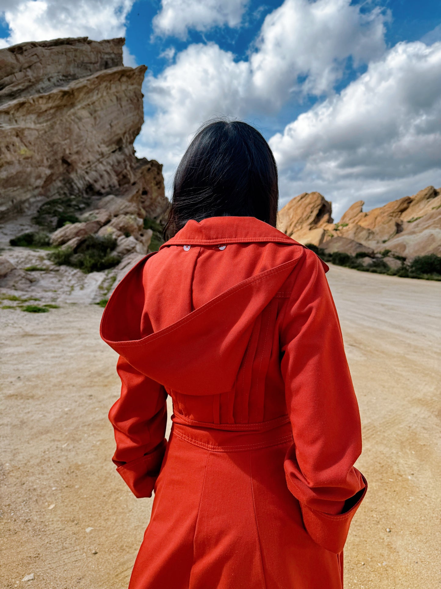 1970s Brick Red Trench Coat with Detachable Hood