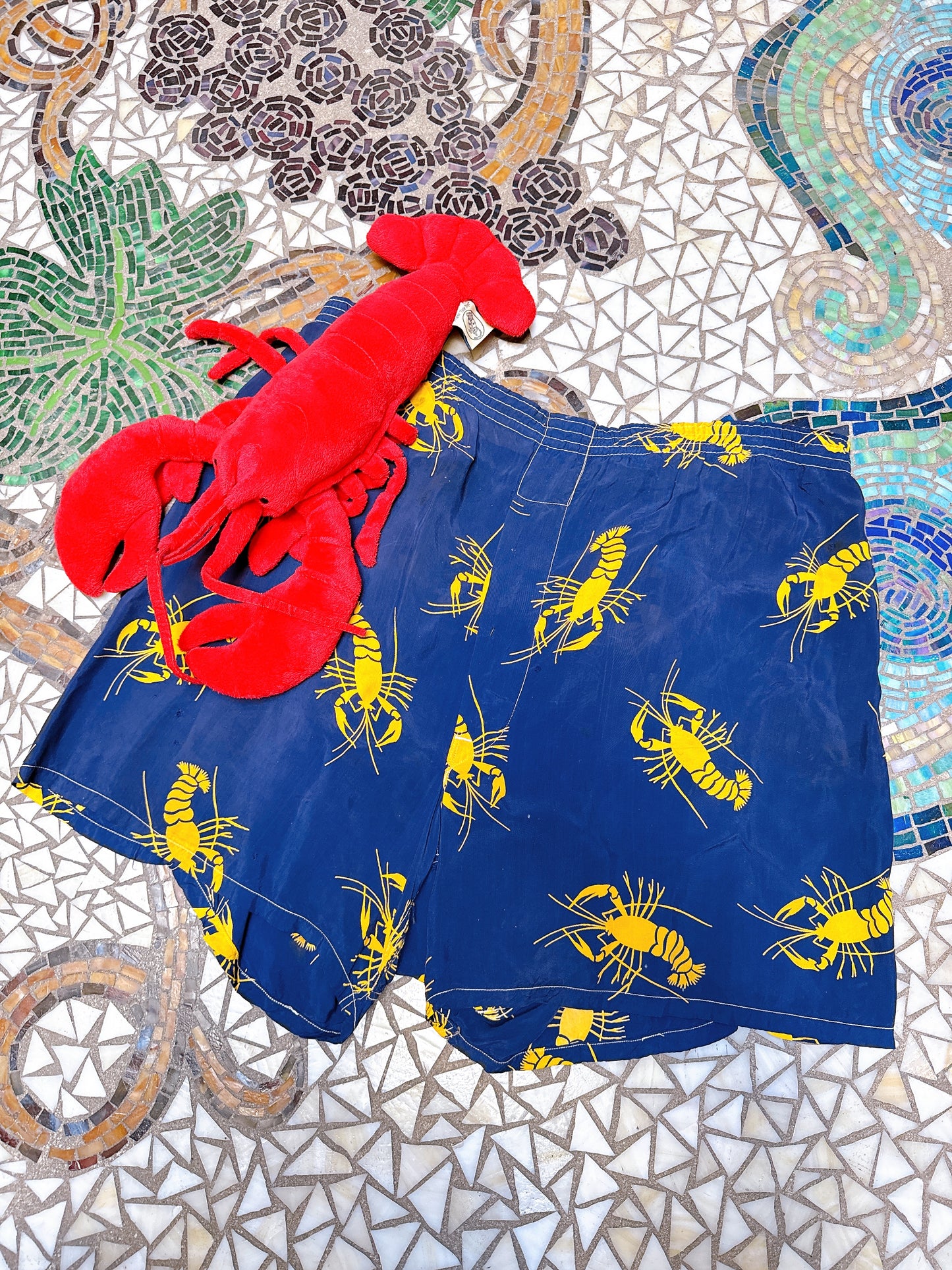 1940s Crawfish Lobster Novelty Navy & Yellow Boxer Shorts Waist 34” - 40”