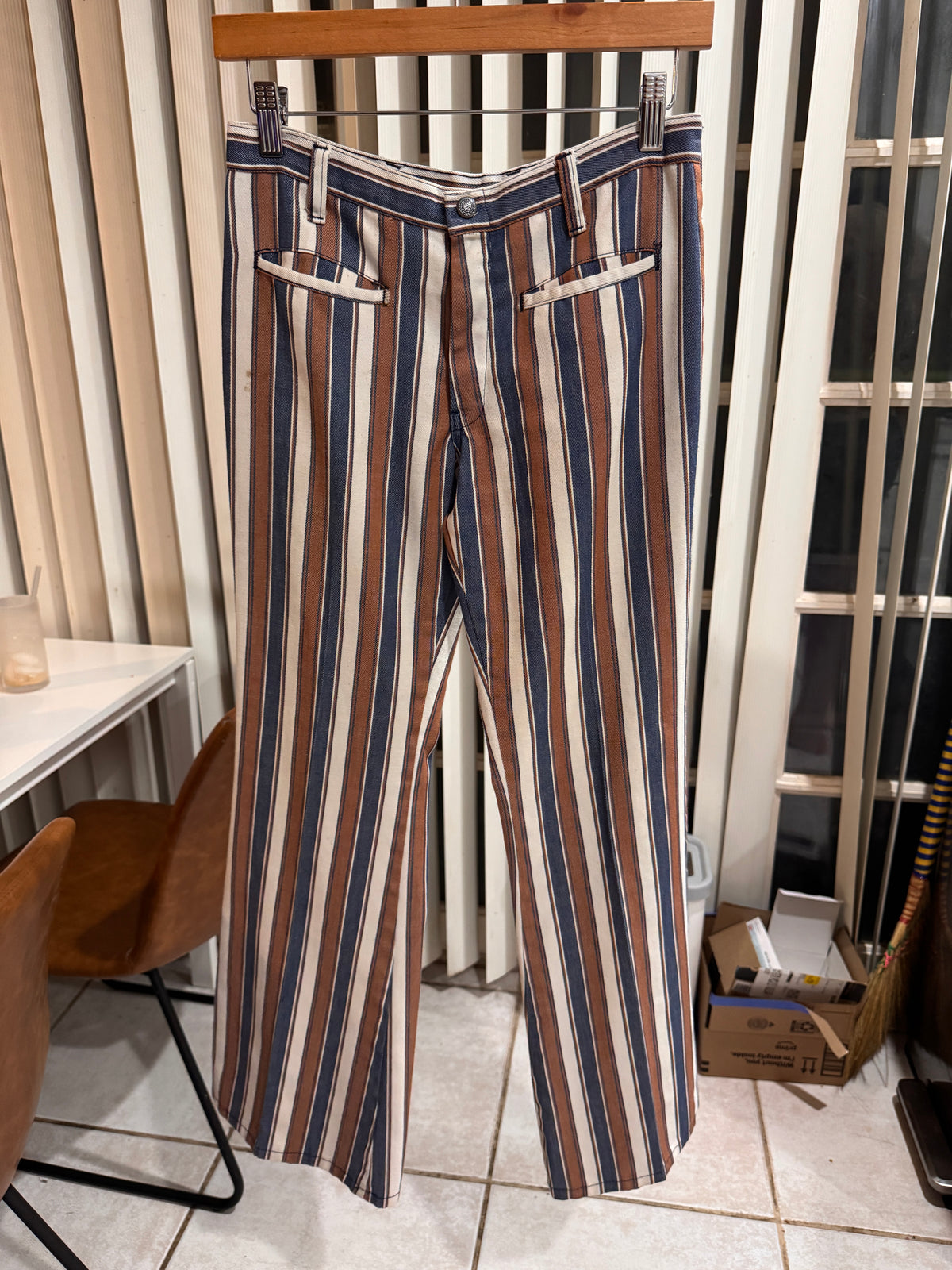 1960s Mod Striped Flared Pants – Brown, Navy & Cream