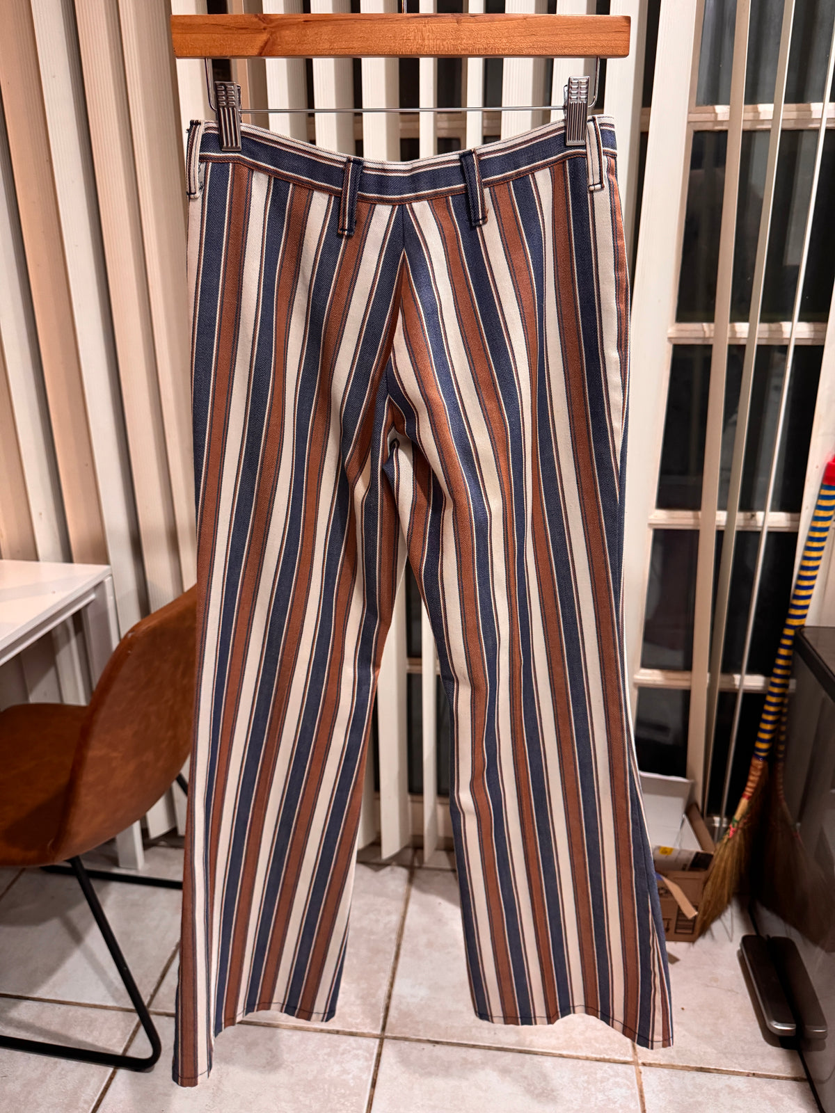 1960s Mod Striped Flared Pants – Brown, Navy & Cream