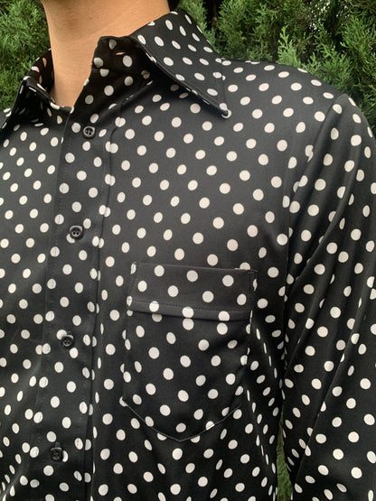 1970s Deadstock Black and White Polka Dot Polyester Shirt