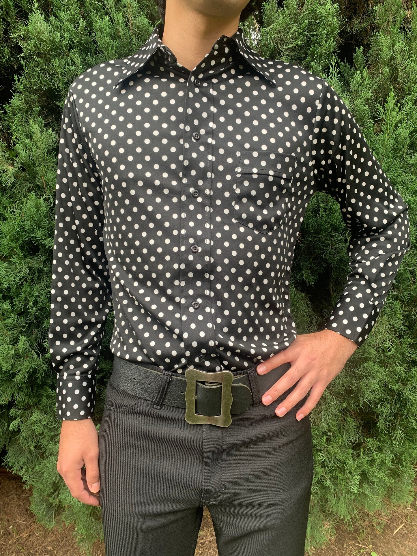 1970s Deadstock Black and White Polka Dot Polyester Shirt