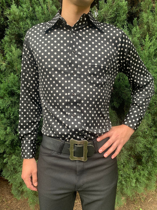 1970s Deadstock Black and White Polka Dot Polyester Shirt