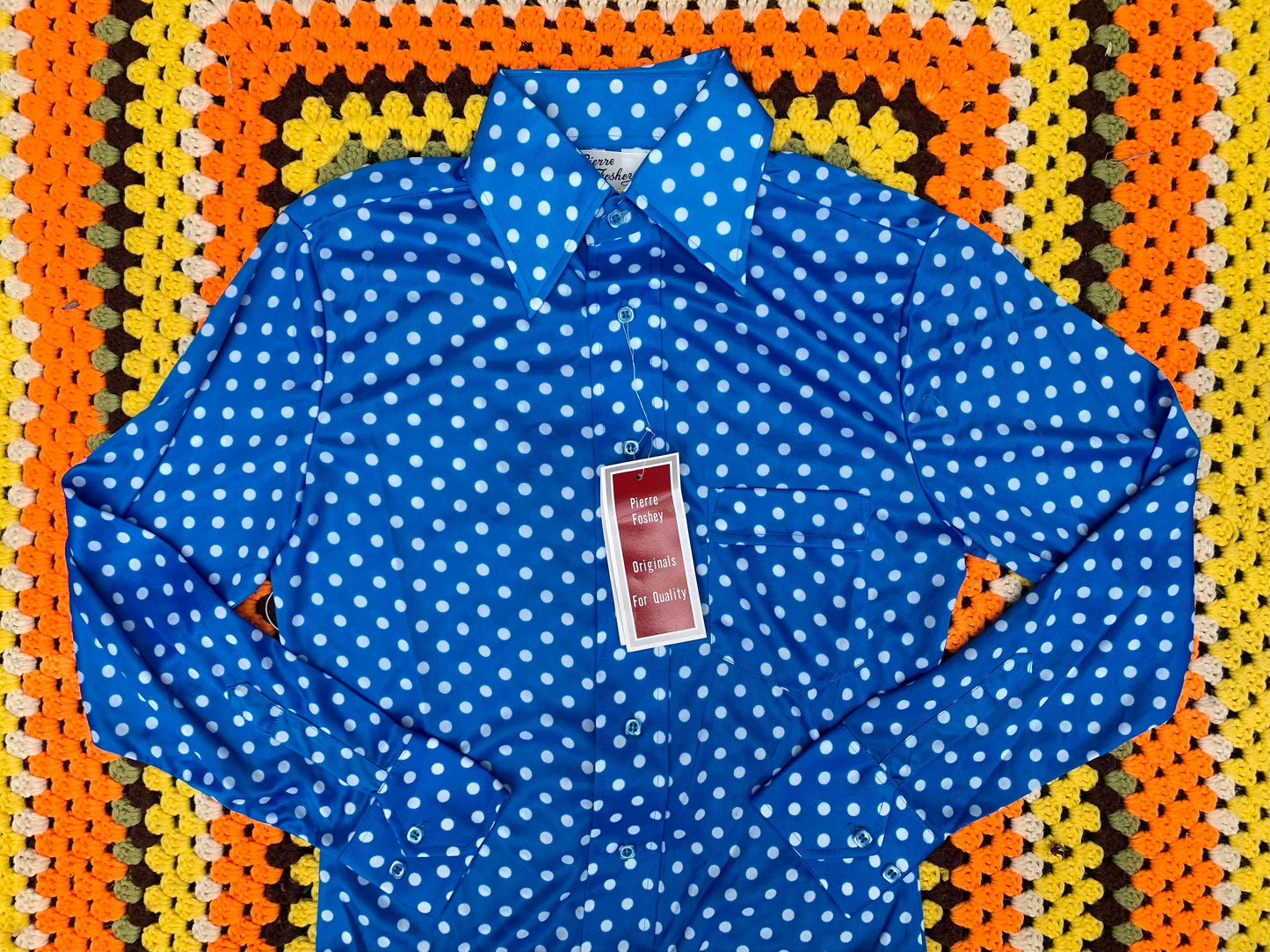 1970s Mens Deadstock Blue and White Polka Dot Polyester Shirt