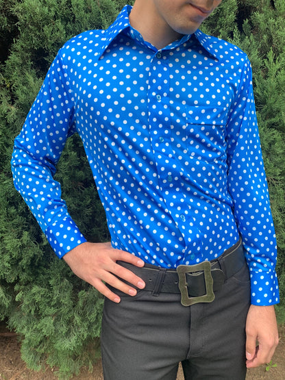 1970s Mens Deadstock Blue and White Polka Dot Polyester Shirt