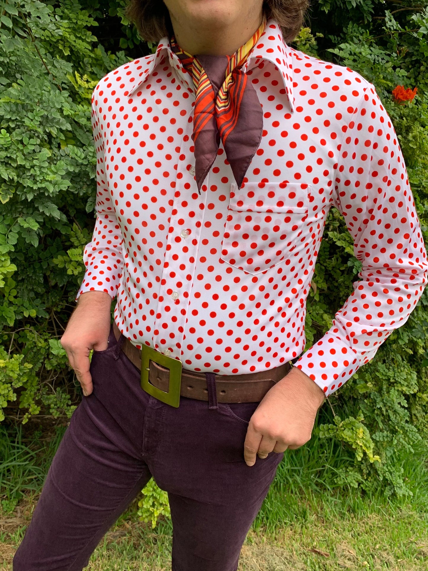 1970s Deadstock White and Red Polka Dot Polyester Shirt