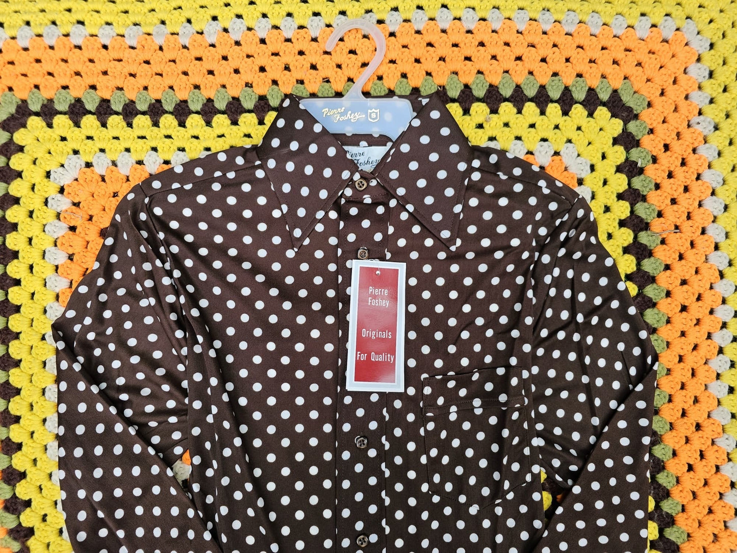 1970s Mens Deadstock Brown and White Polka Dot Polyester Shirt