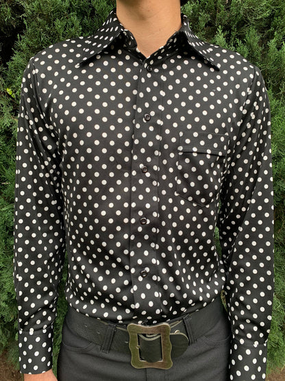 1970s Deadstock Black and White Polka Dot Polyester Shirt