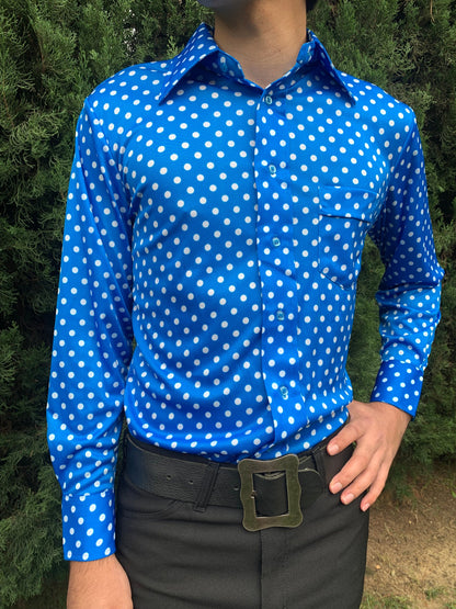 1970s Mens Deadstock Blue and White Polka Dot Polyester Shirt