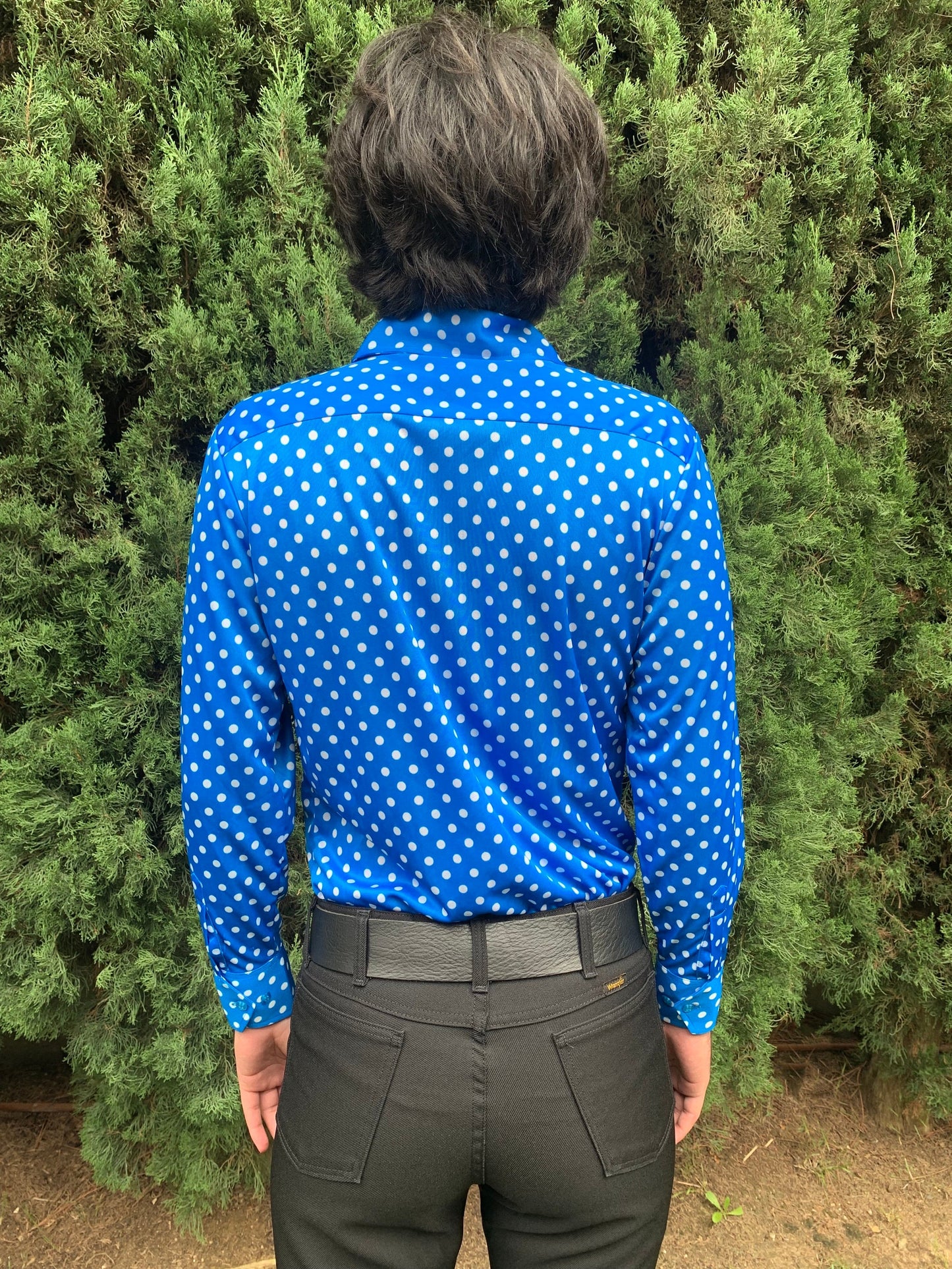 1970s Mens Deadstock Blue and White Polka Dot Polyester Shirt