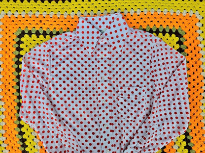 1970s Deadstock White and Red Polka Dot Polyester Shirt