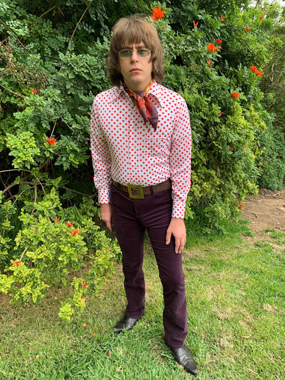 1970s Deadstock White and Red Polka Dot Polyester Shirt