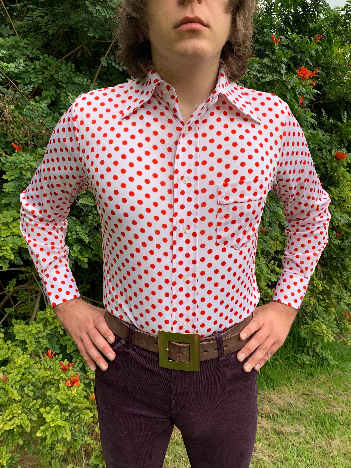 1970s Deadstock White and Red Polka Dot Polyester Shirt