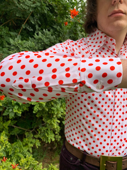 1970s Deadstock White and Red Polka Dot Polyester Shirt