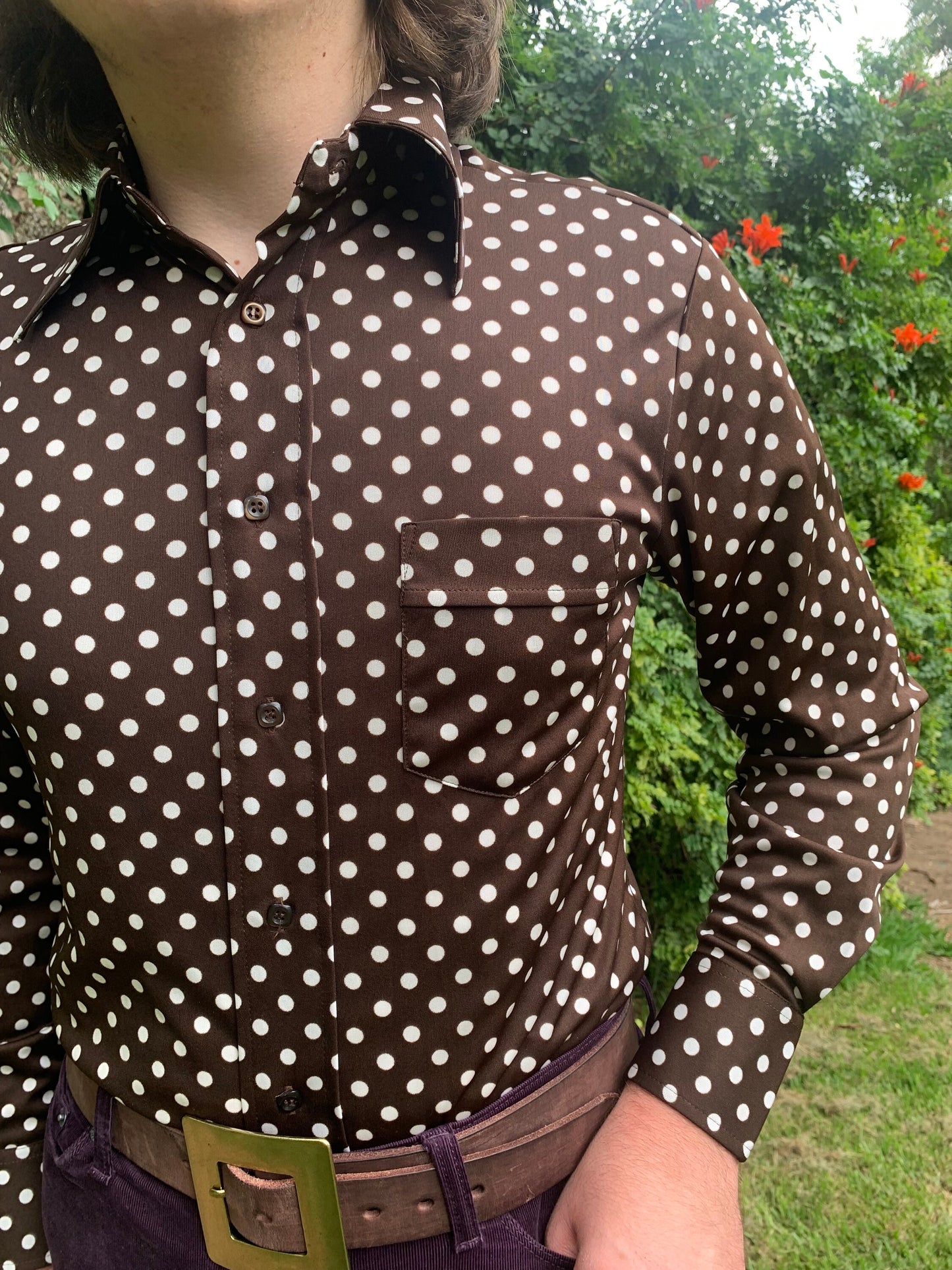 1970s Mens Deadstock Brown and White Polka Dot Polyester Shirt