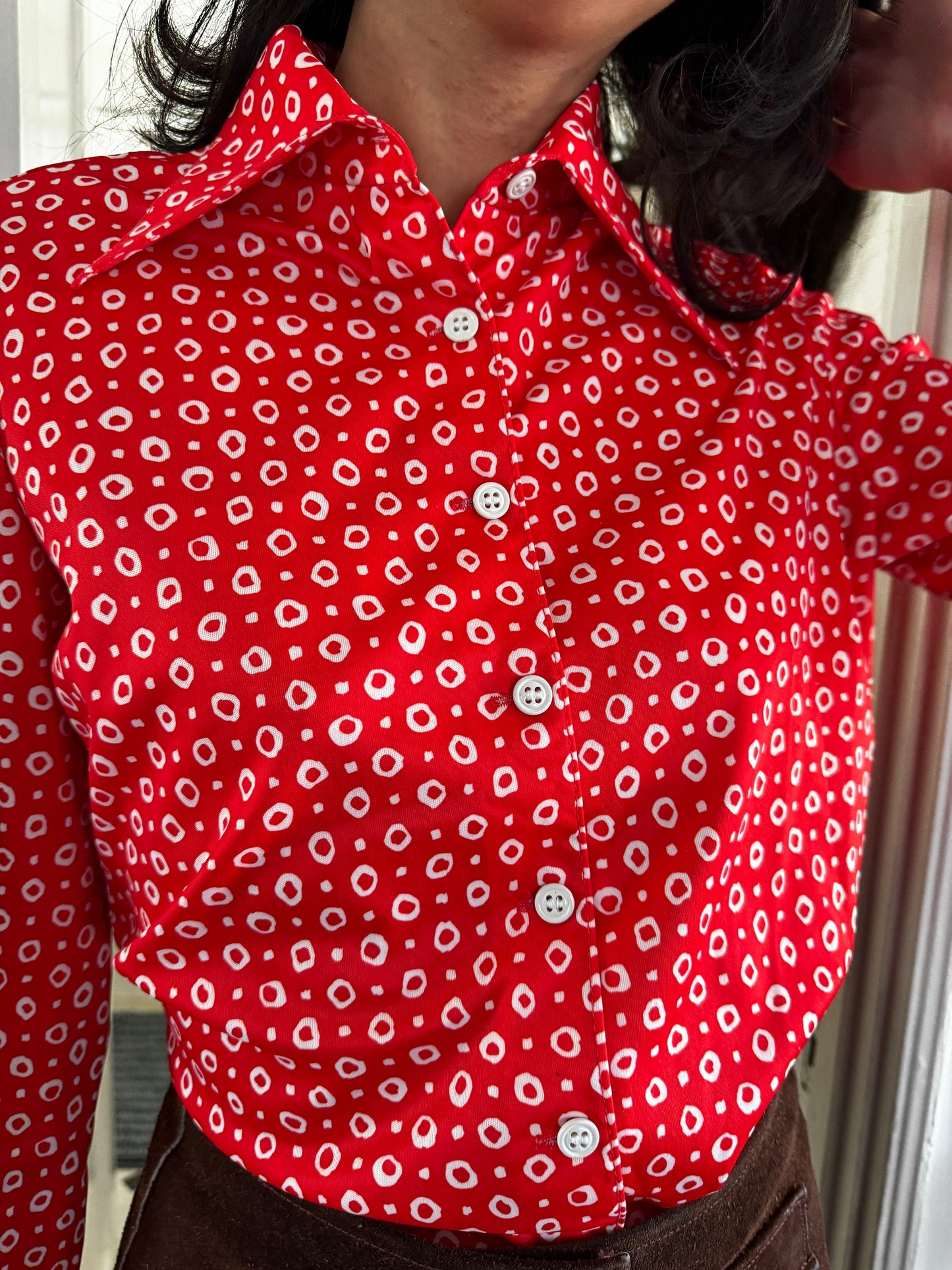 1970s Cherry Red and White Abstract Polka Dot Button Up Top