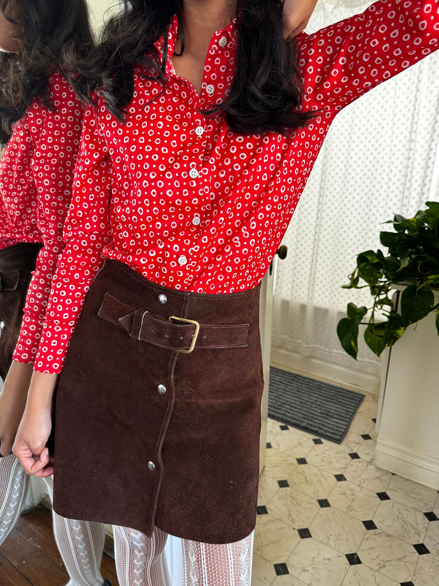 1970s Cherry Red and White Abstract Polka Dot Button Up Top