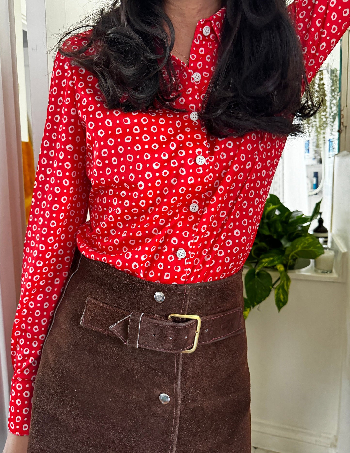 1970s Cherry Red and White Abstract Polka Dot Button Up Top