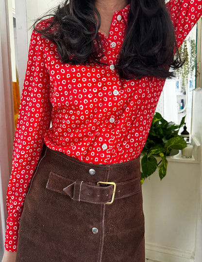 1970s Cherry Red and White Abstract Polka Dot Button Up Top