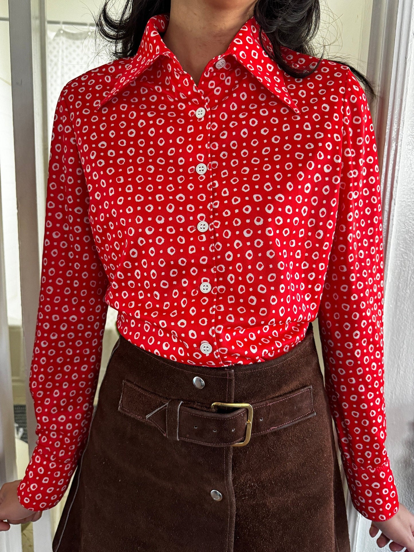 1970s Cherry Red and White Abstract Polka Dot Button Up Top